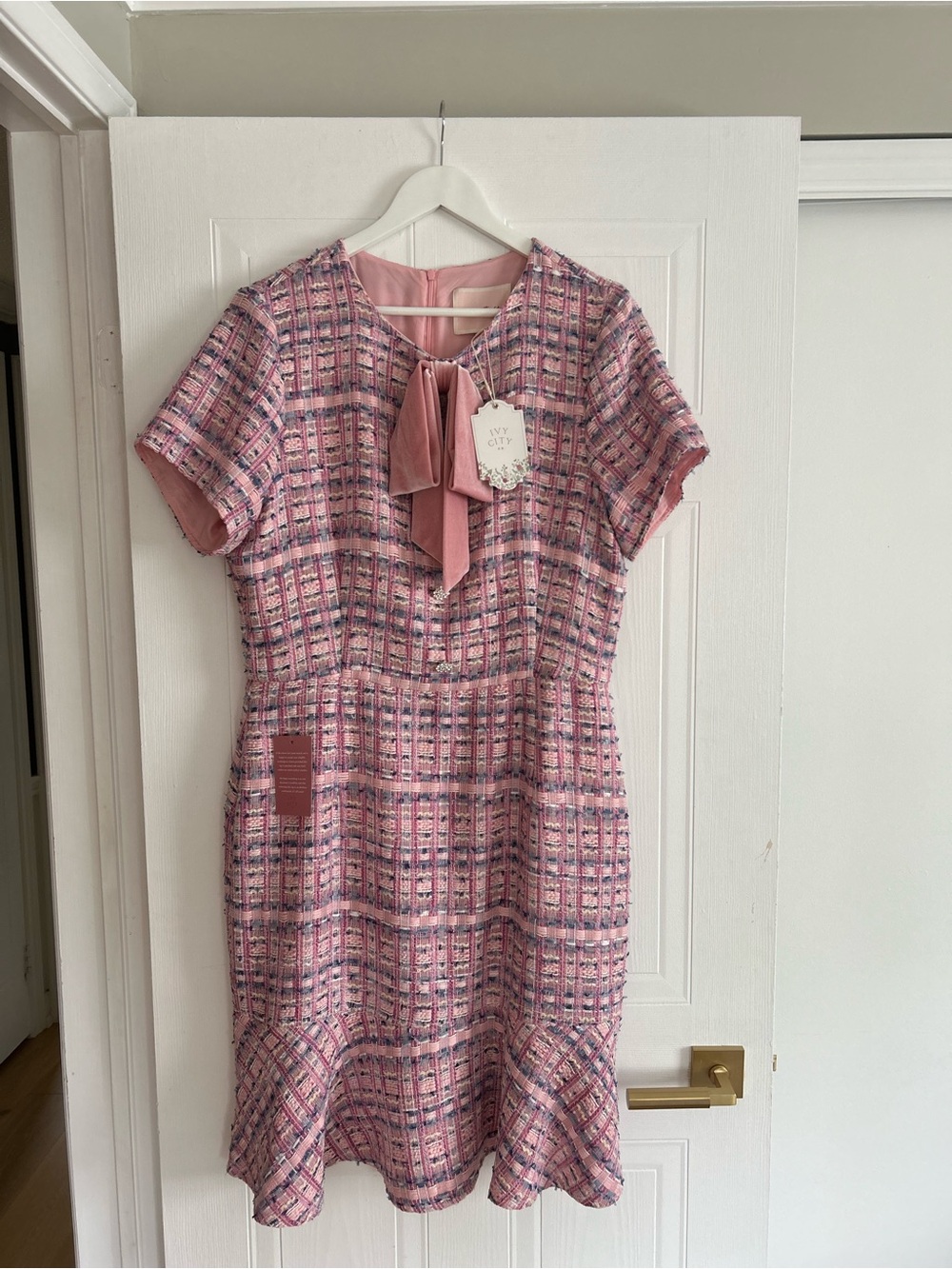 Pink Tweed Midi Dress with Bow-Neck